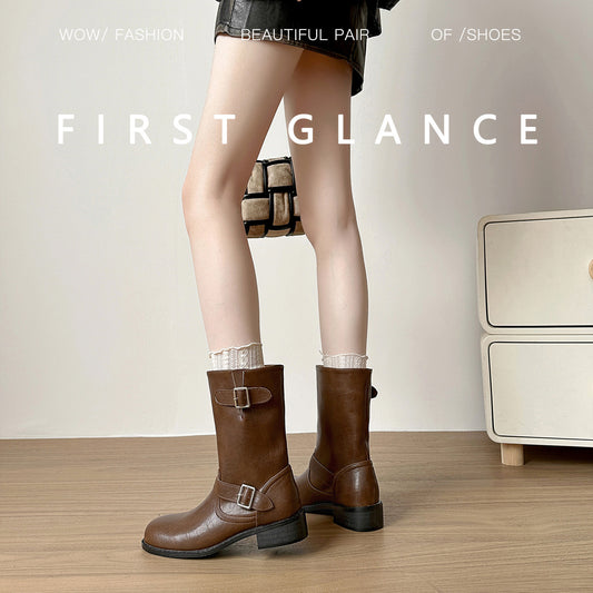 Women's Brown Elevator Martin For British Retro Ankle Small Round Women's Leather Boots