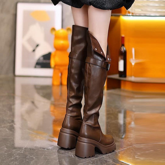 Women's Over The Knee Round Toe High Chunky Women's Leather Boots