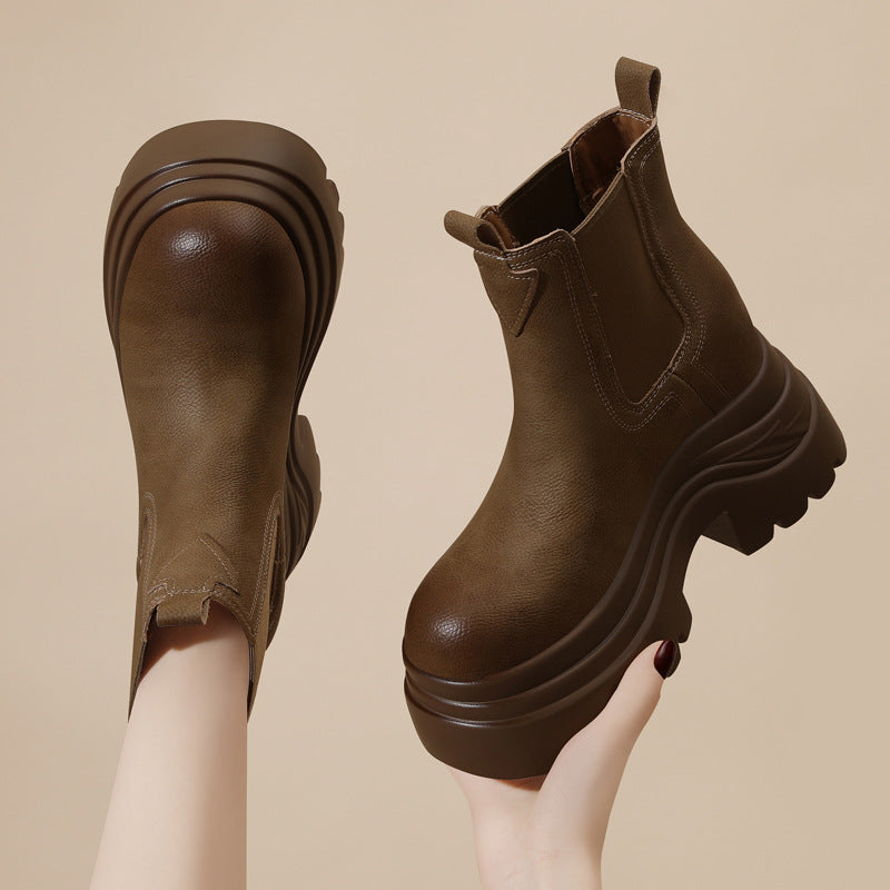 Women's British Style Short High Platform Height Increasing Insole Boots