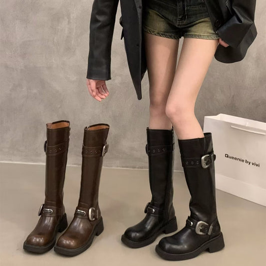 Women's Color Square Toe Vintage Knee-high Belt Buckle British Style High Boots