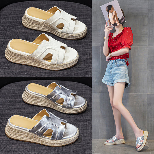 Women's Layer Cowhide Platform Height Increasing Lightweight Woven Slippers