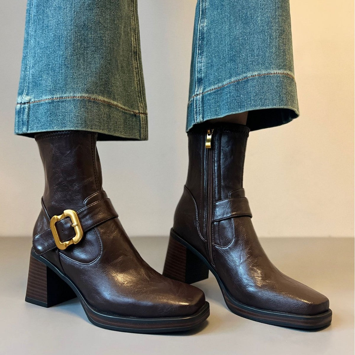 Women's Elegance High Square Toe Booties Soft Waterproof Platform Thick Increased Boots