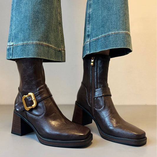 Women's Elegance High Square Toe Booties Soft Waterproof Platform Thick Increased Boots