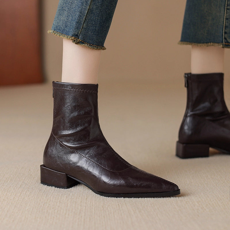 Women's Low Brown Stretch Thin Short Retro Women's Leather Boots