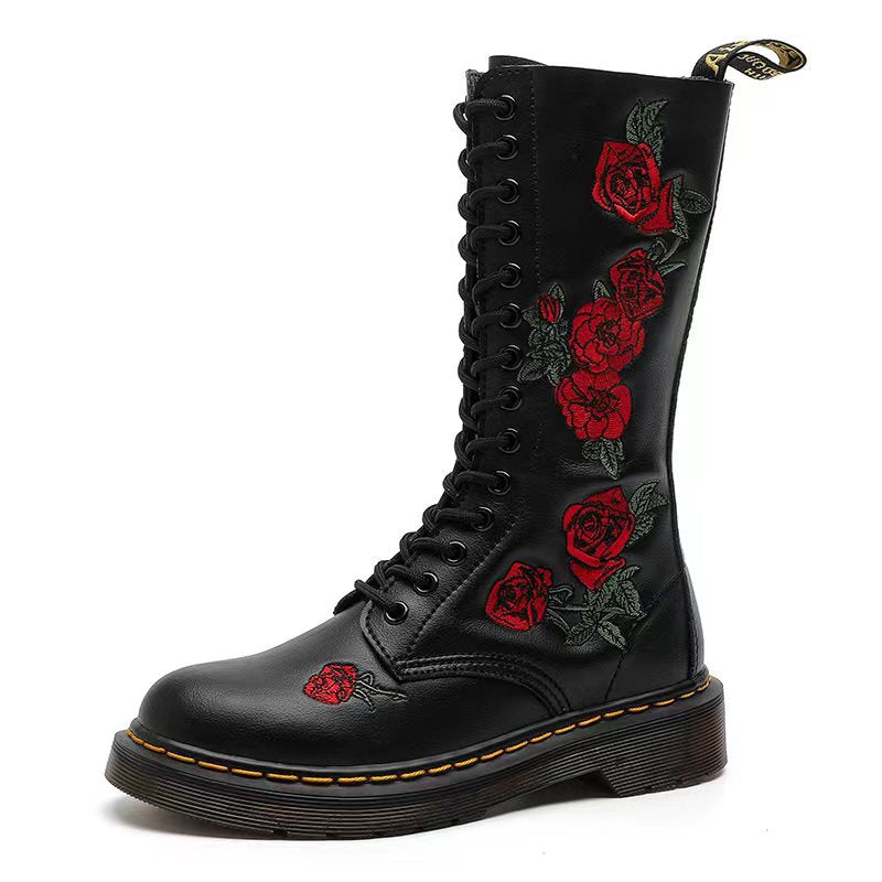 Women's British Motorcycle Long Round Toe Rose Large Women's Shoes