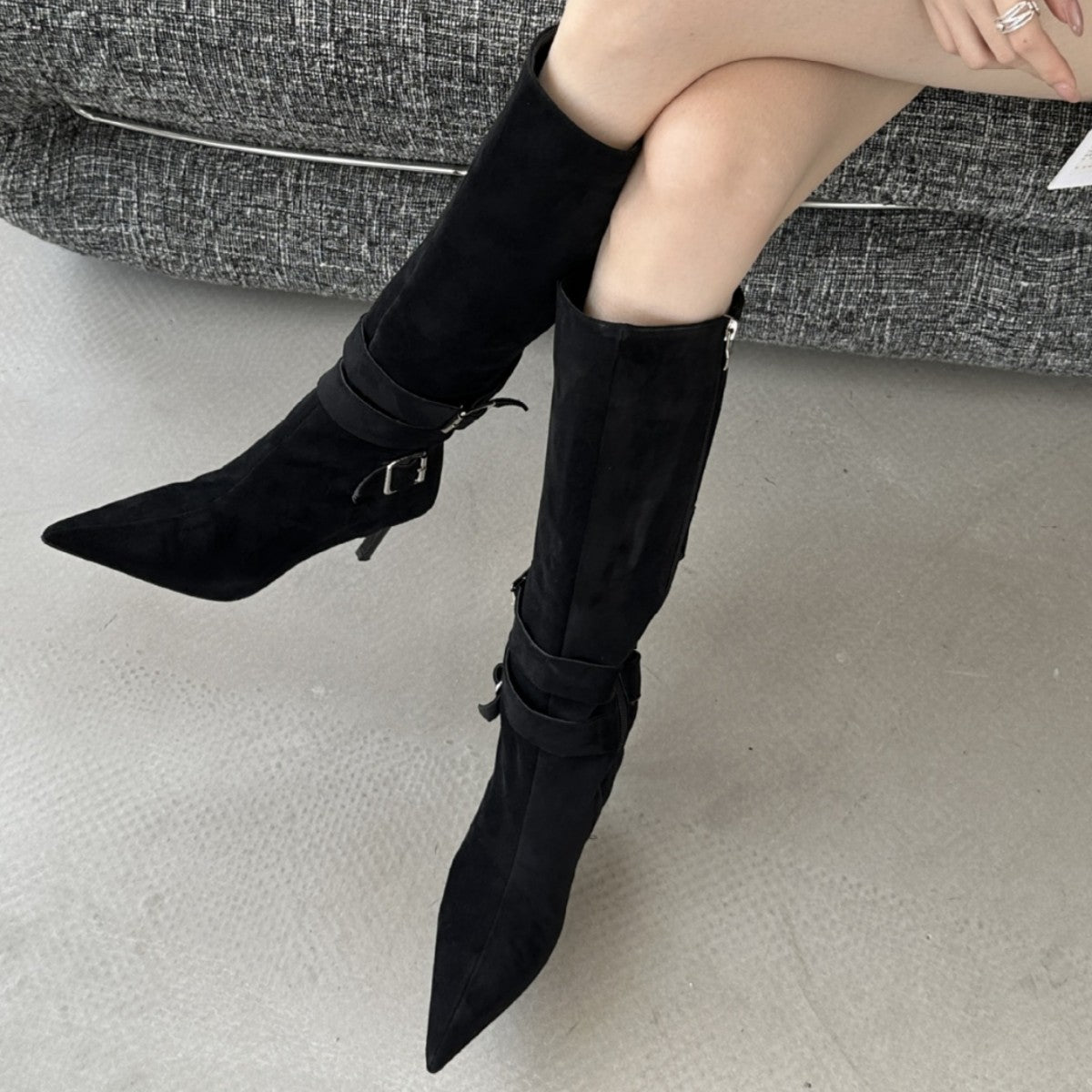 Slimming Suede Long Biker Brown Pointed Women's Leather Boots