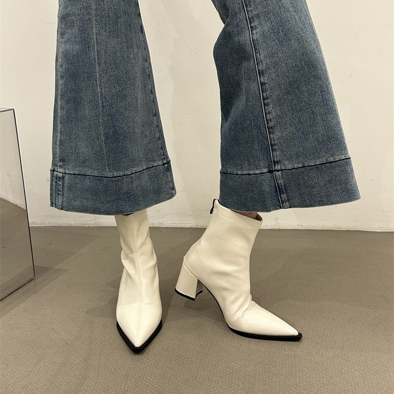 Women's Pointed High Korean Style Small Ankle Brown With Skirt Women's Leather Boots
