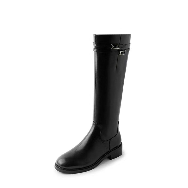 Yu Tong Autumn Gemini Belt Buckle Knight Round Head Slimming Women's Leather Boots