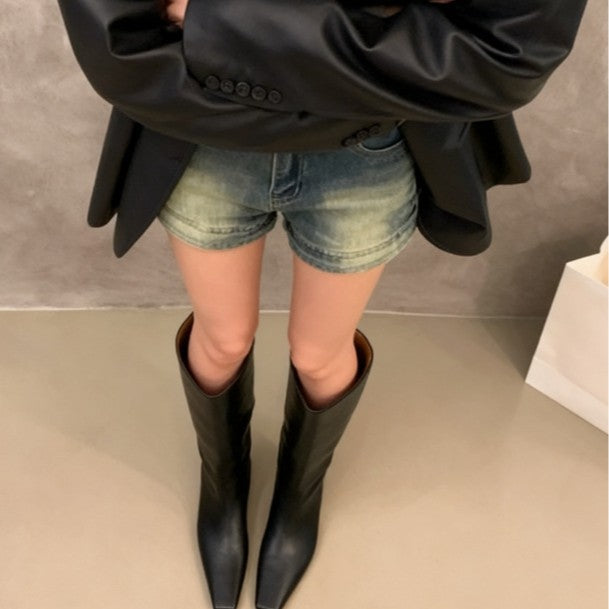 Increasing Insole Below The Knee Comfortable Cowhide Wide Tube Square Women's Leather Boots