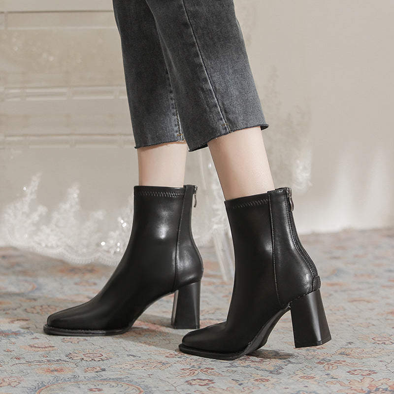 Women's Chunky Martin Simple Square Toe High Slimming Women's Leather Boots
