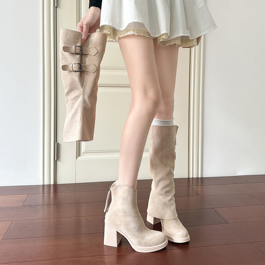 Women's Pile Style Removable Long Chunky High Suede Heels