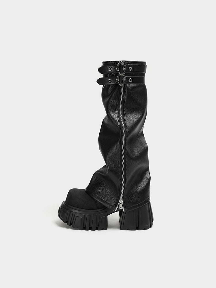 Small Height Increased Leg Warmer Knee-high Black Motorcycle Pants Martin Women's Leather Boots