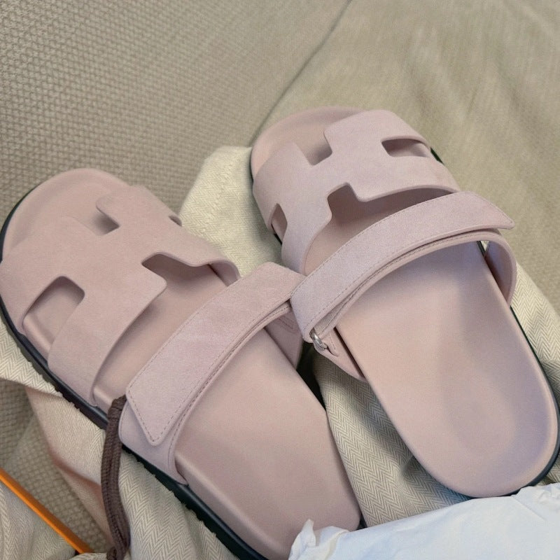 Women's Lazy Velcro Genuine Summer Thick Sole Half Slippers