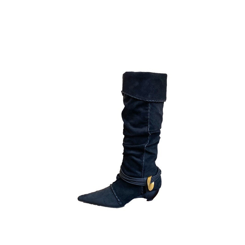 Handmade Binding Cable Pointed Wood Grain Women's Leather Boots