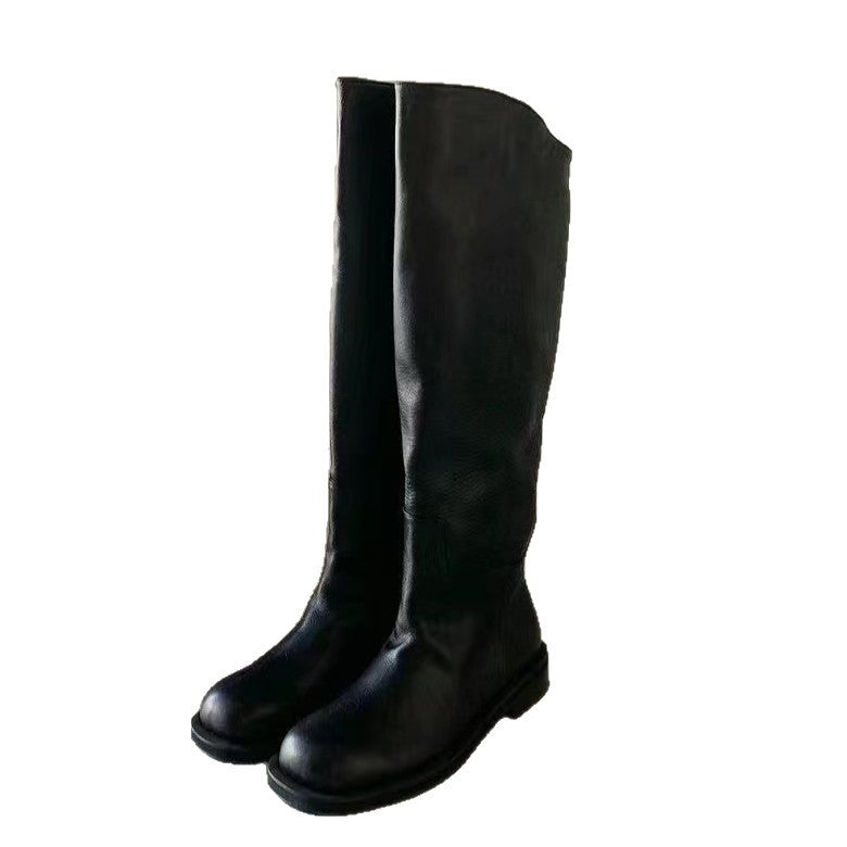 Women's Cowhide Version Korean Style Slimming Big Tube Circumference Tall Knight Women's Leather Boots