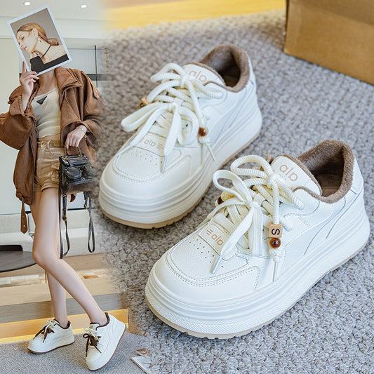 Women's Large Size Thick Bottom Fleece-lined White Winter Warm Sports Skate Women's Cotton Shoes