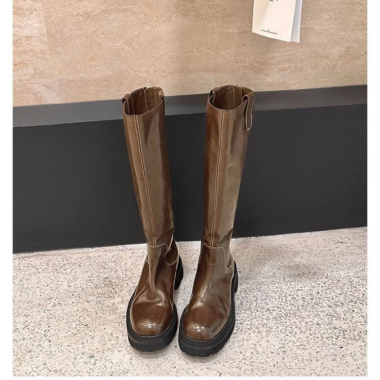 Women's Version High Quality Round Head Thick Bottom Chunky Slimming Long Women's Leather Boots