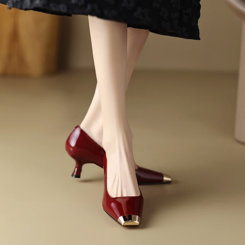 Women's Genuine Wine Red Patent Cowhide Classy High Metal Women's Shoes