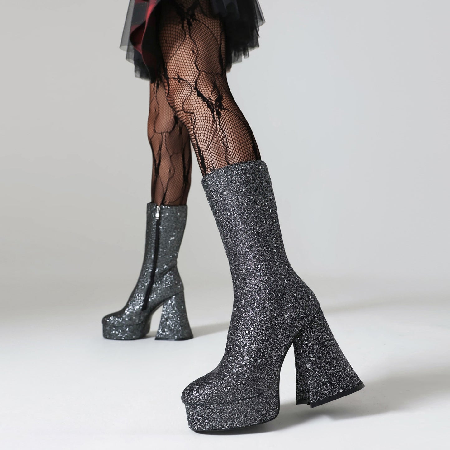 Square Toe High Chunky Sequined Horn Fashion Boots