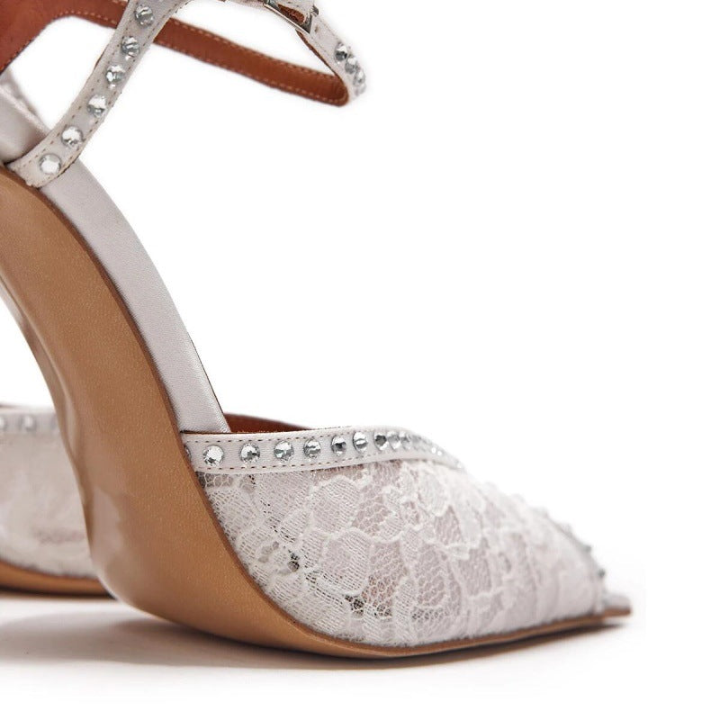 Women's Pointed Lace Stiletto Rhinestone Wedding Reception High Heeled Sandals