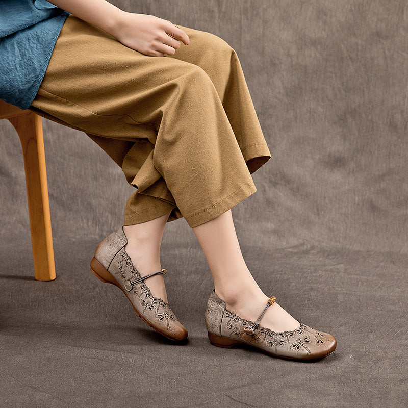Women's Genuine First Layer Cowhide Low Round Toe Vintage Mouth Pumps Women's Casual Shoes