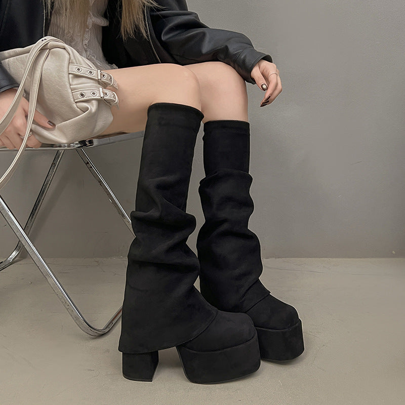Women's Thick-soled High-heeled Hot Pantyhose Round Toe High Leg Slimming Stretch Women's Leather Boots