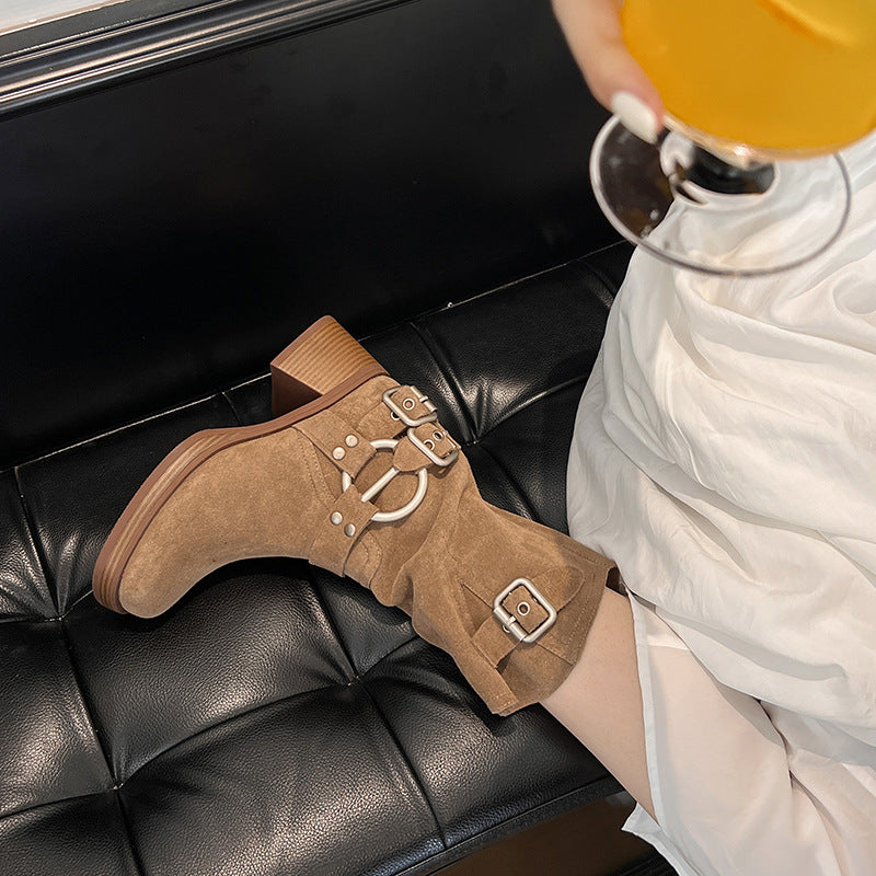 Women's Summer Thin Western Cowboy Platform Short Brown Middle Women's Leather Boots