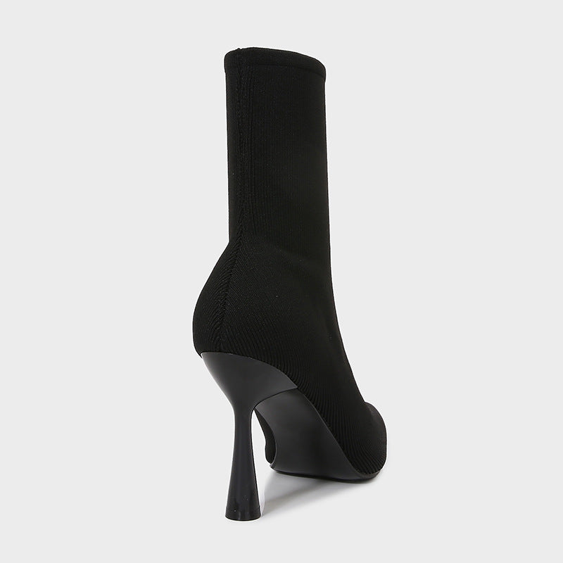 Women's Socks Autumn Black Fabric Stretch Pointed Stiletto Women's Leather Boots