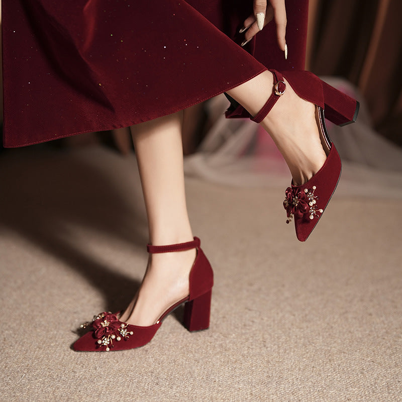 Women's Red Wedding Bridal Small Size Chunky Widened Fattened Heels