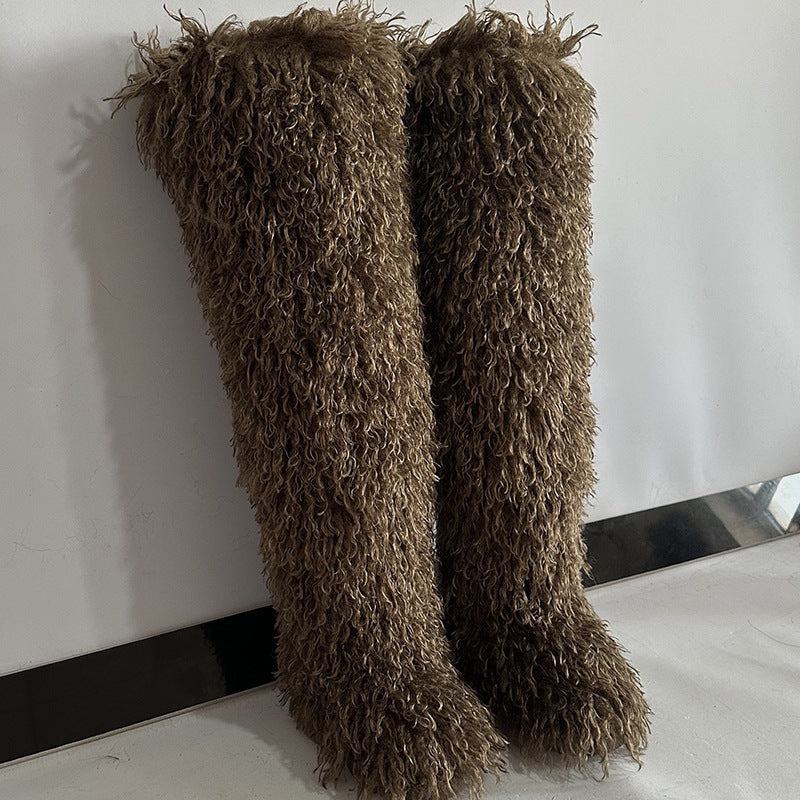 Women's Winter Imitation Fur Tan Sheep Knee-high Women's Snow Boots