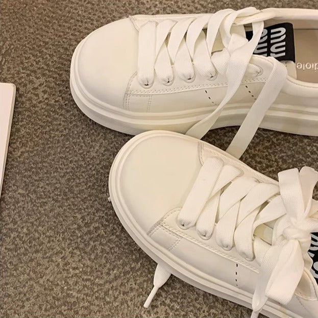 Women's Thick Bottom Height Increasing White Preppy Sneakers