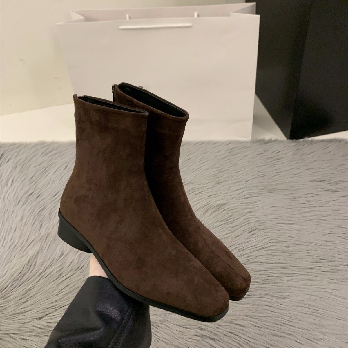 Women's Slimming Square Toe Suede Thick Ankle Thin Women's Leather Boots