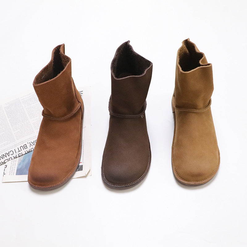Women's Layer Cowhide Flat Fleece Simple Cotton Linen Style Cozy Snow Boots
