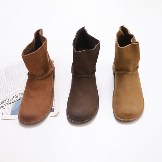 Women's Layer Cowhide Flat Fleece Simple Cotton Linen Style Cozy Snow Boots