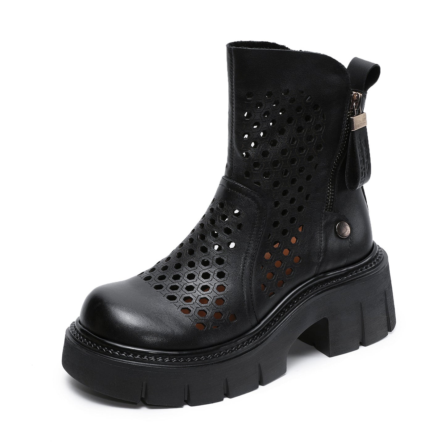 Women's Retro Side Zipper Hollow Hole Fashion First Layer Cowhide Women's Leather Boots