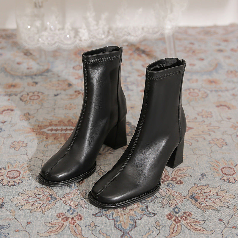 Women's Chunky Martin Simple Square Toe High Slimming Women's Leather Boots