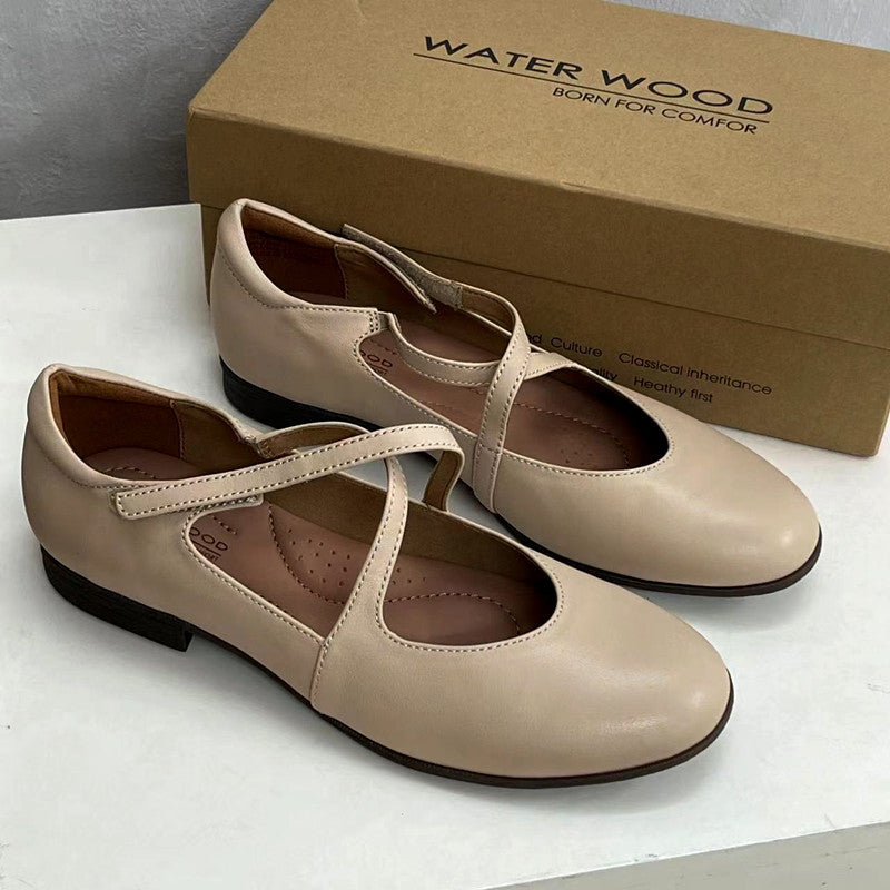 Women's Authentic Low Pumps First Layer Cowhide Round Toe Comfortable Casual Shoes