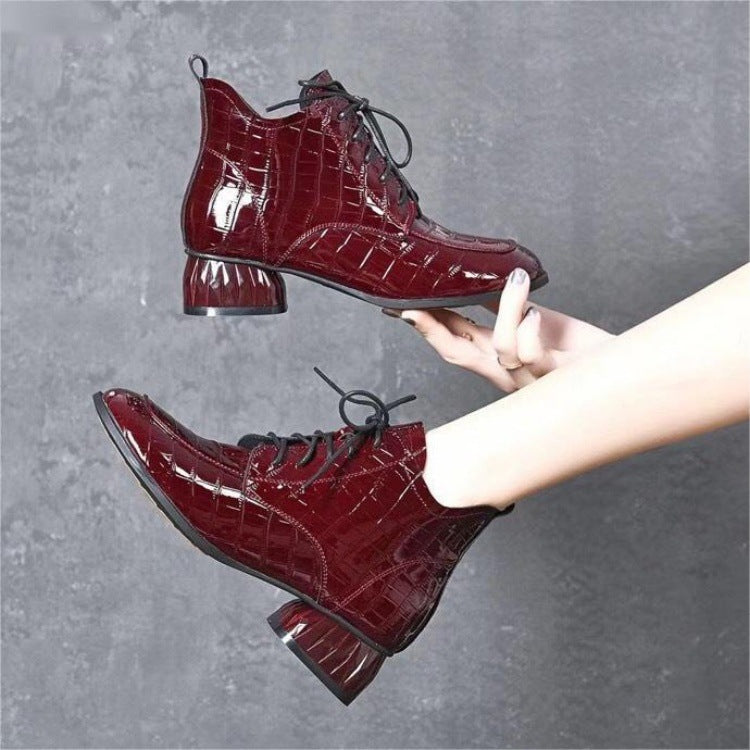 Women's Short Round Head Patent Plaid Thick Low Single-layer Boots