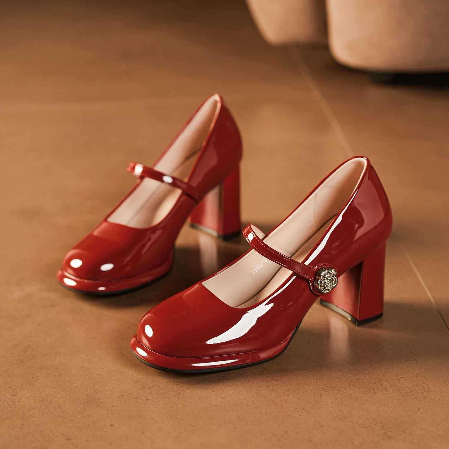 Rhinestone Square Buckle Word With Chunky Commuter Heels