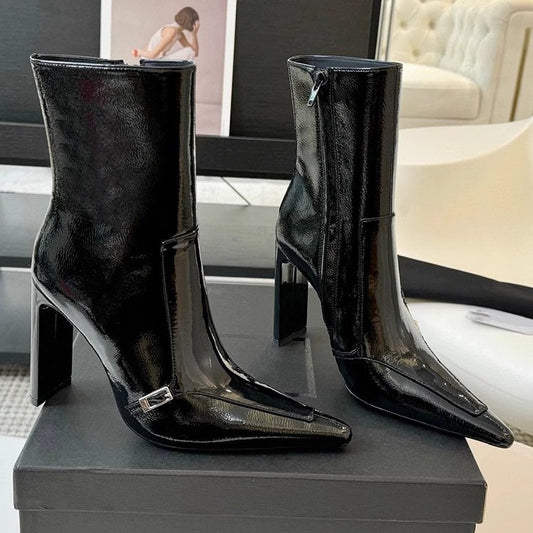 Women's Pointed Ankle Veet Padded Black Chunky Fashion Women's Leather Boots