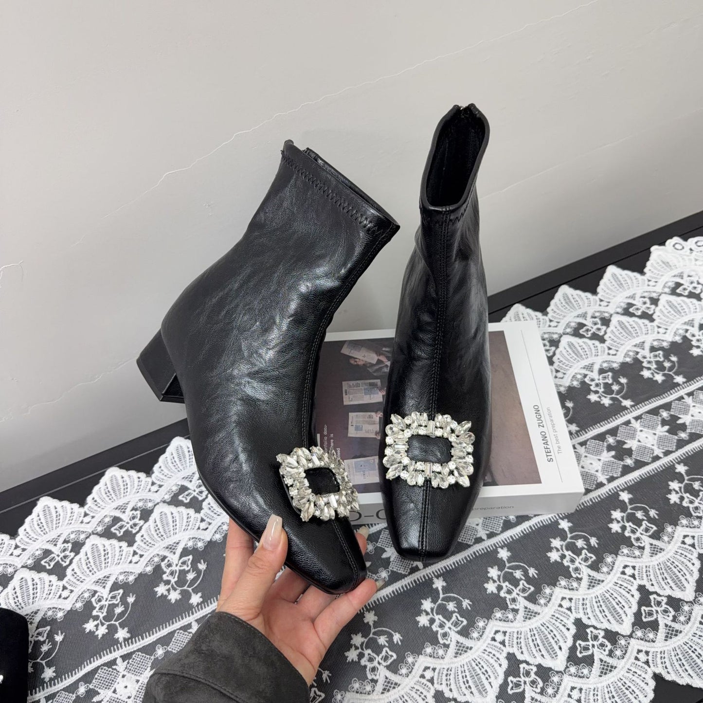 Women's Increasing Insole French Square Head Skinny Stiletto Ankle Fashion Women's Leather Boots
