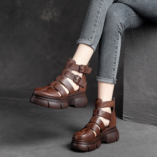 Velcro Round Toe Cowhide Martin Roman Boots