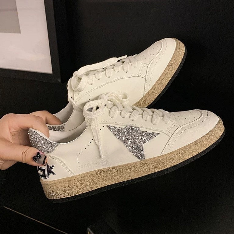 Women's Genuine Assorted Colors Retro Distressed Dirty Star Lace Up Flat Sneakers