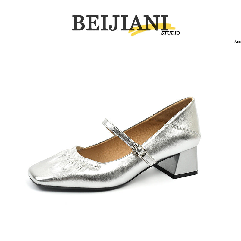 Women's Sheepskin Chunky Pumps Buckle Mary Jane Women's Fashion Shoes