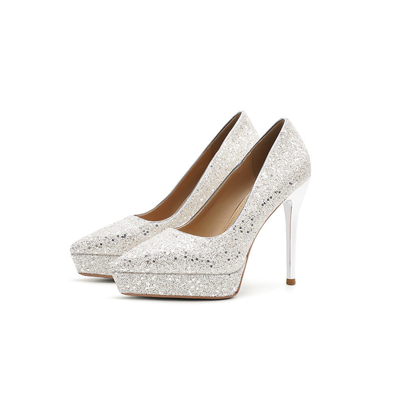 Women's Pointed Stiletto Sequined Waterproof Platform Shallow Mouth Heels