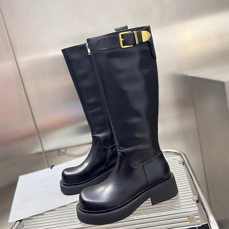 Women's Widened Metal Buckle Knight Fleece-lined Black Round Chunky Women's Leather Boots