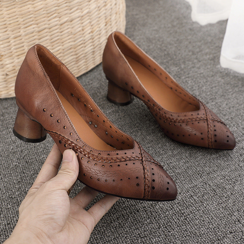 Women's Polished Artistic Hole Ventilation Soft Cowhide Thick Comfortable Cotton Linen Heels