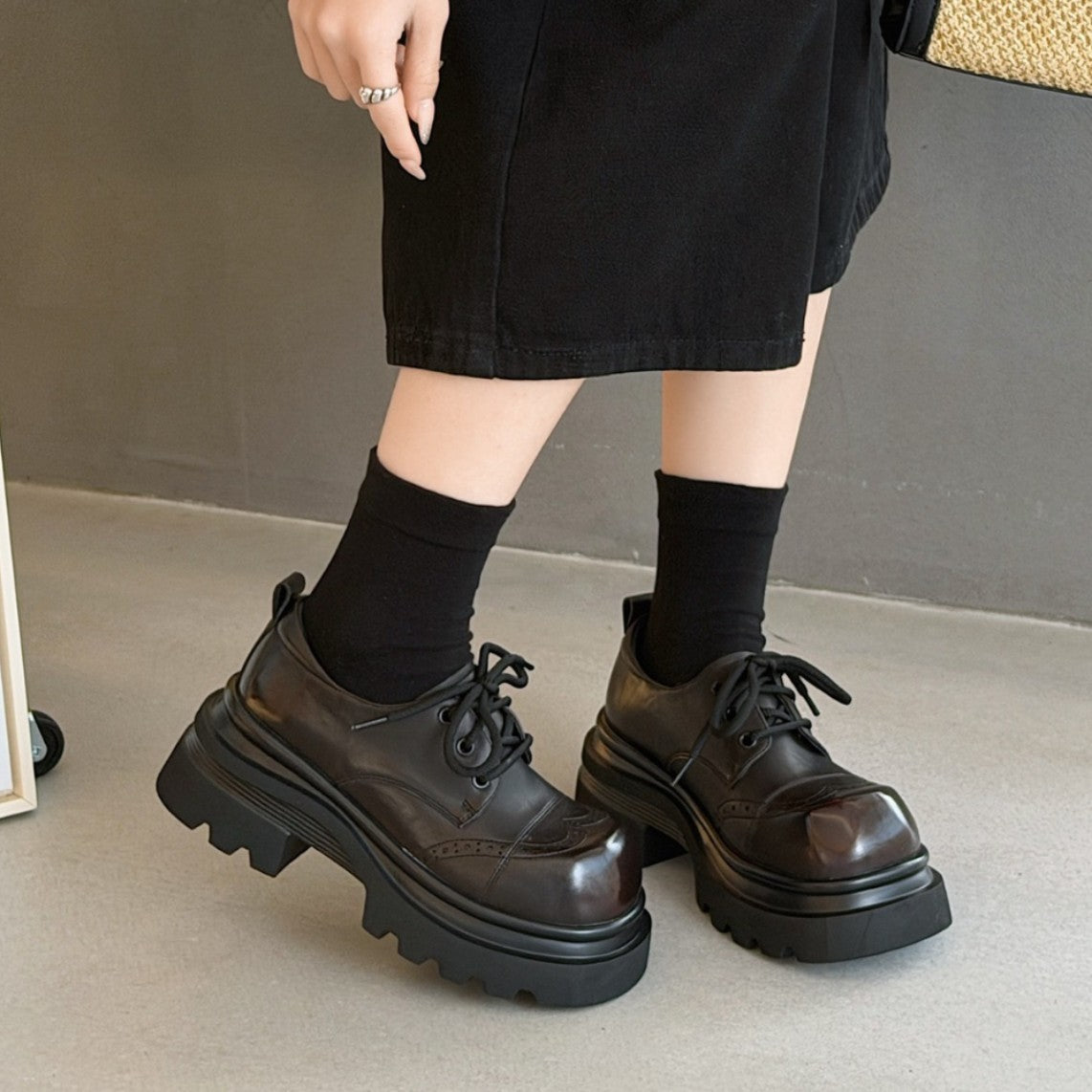 Women's Pumps Spring Thick Increased Round Toe Thin Leather Shoes