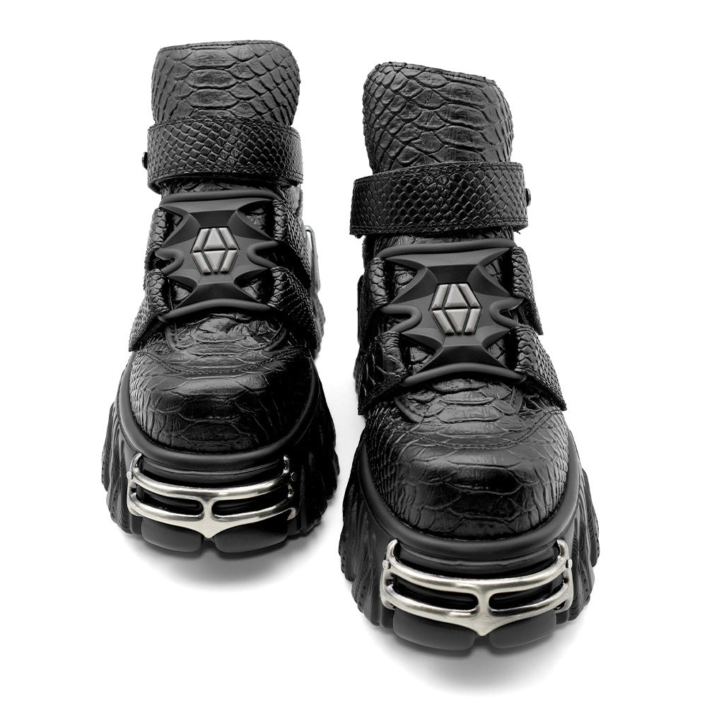 Women's Punk Height Increasing Muffin Tank Bottom Black Python Women's Leather Boots