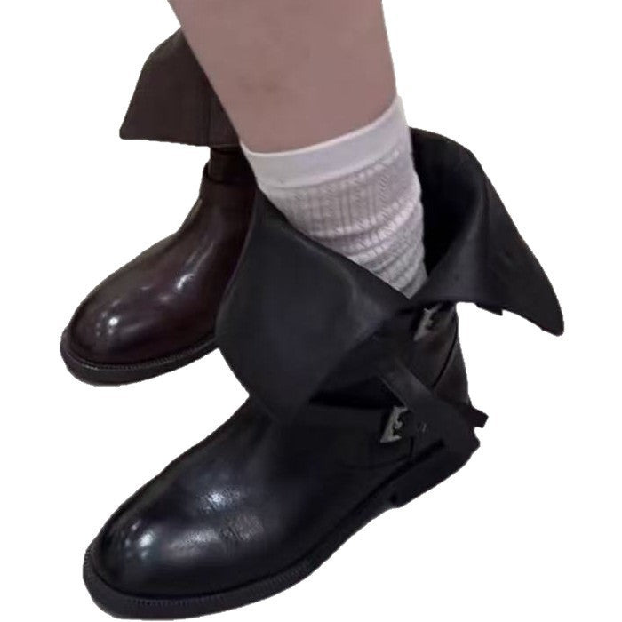 Women's Retro Belt Buckle Two-way Wear Knight Slimming Chunky Middle Round Women's Leather Boots